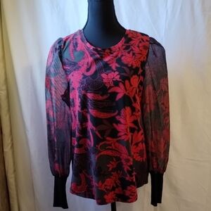 Chico's Red Floral Blouse with Sheer Sleeves
